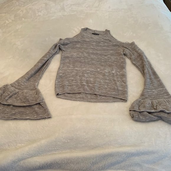 Express Gray Marled Cold Shoulder Double Bell Cuff Cropped Sweater - Picture 1 of 16